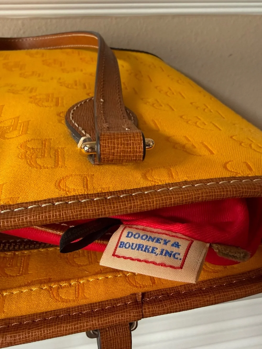 Dooney & Bourke Purse Marigold Yellow Gold Tote Bag Brown Leather Trim Red NWOT